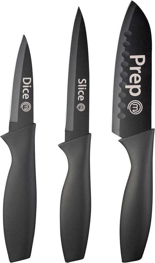 MasterChef Knife Set of 3 For Kitchen (Chef, Paring & Utility) Professional, Extra Sharp, Stainless Steel Blades With Non Stick Coating & Soft Touch...