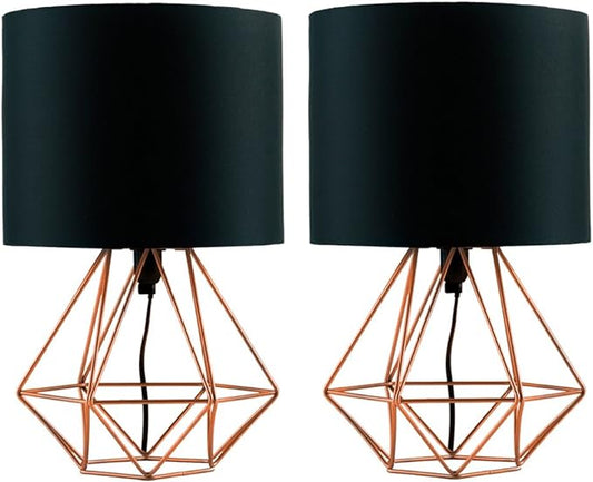 MiniSun - Pair of Modern Copper Metal Basket Cage Bed Side Table Lamps with a Black Fabric Shade