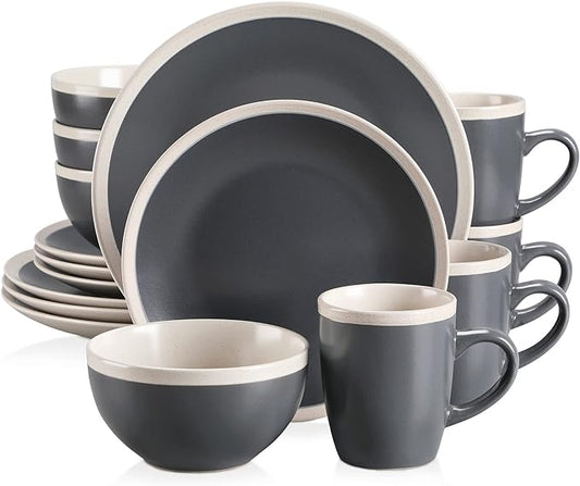 vancasso SEESAMI Stoneware Dinner Set- Matte Sesame Glaze Crockery - 16 Pieces Dinnerware Tableware Service Set for 4, Include Dinner Plate, Dessert Plate, Cereal Bowl and Mug. Dark Grey