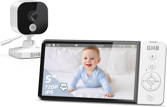 GHB Baby Monitor with Camera and Night Vision 5'' 720P HD 5000mAh Video Baby Monitor Camera IPS Screen, VOX Mode, 2-Way Audio, Temperature Alert, 8...