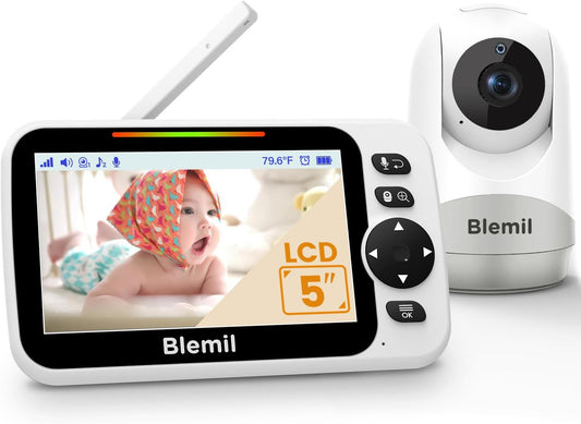 Blemil Video Baby Monitor with 30-Hour Battery, 5" Large Split-Screen Video with Audio and Remote Pan/Tilt/Zoom Camera, Two-Way Talk, Night Vision,... Style Name:BL9052