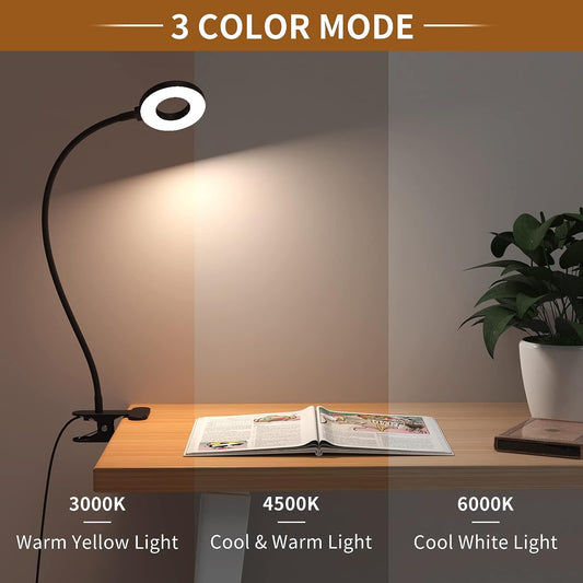 iZELL LED Desk Lamp with USB Adapter【3 Color Modes 10 Brightness】Eye Caring Clip on Clamp Light, 40cm Flexible Gooseneck Book Ring Light for Gaming/Video Conference/Reading, Clip on Table, Headboard