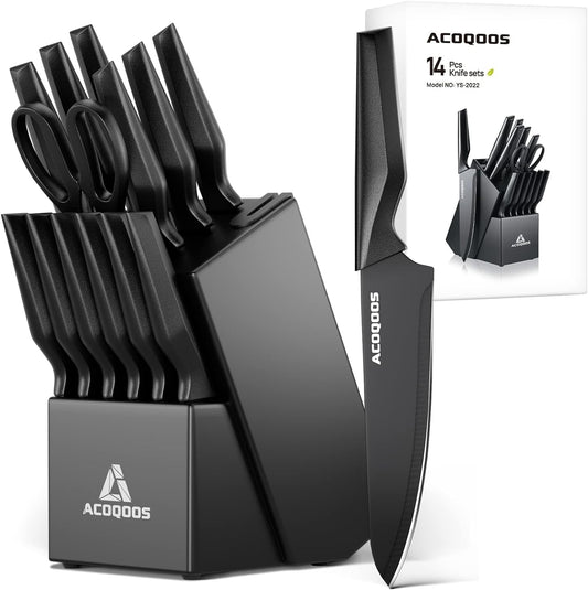 Knife Set with Block, 14 Piece with Built-in Sharpener, Kitchen Knives for Chopping, Slicing, Dicing Cutting by ACOQOOS