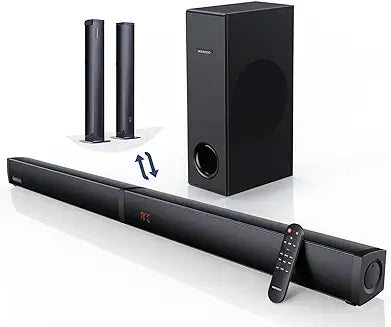 MEREDO Sound bar with Subwoofer 180W Detachable 2 in 1 Sound Bars for TV 2.1CH Treble & Bass Adjust 5 EQ Modes ARC/Optical/AUX/Bluetooth 12L Deep Bass for Home Theater Wall Mount-