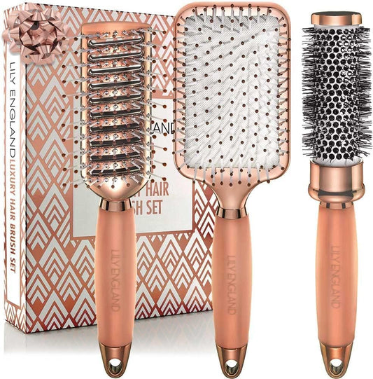 Hair Brush Set - Luxury Professional Rose Gold Hairbrushes for Detangling, Blow Drying, Straightening - Suitable for All Hair Types by Lily England