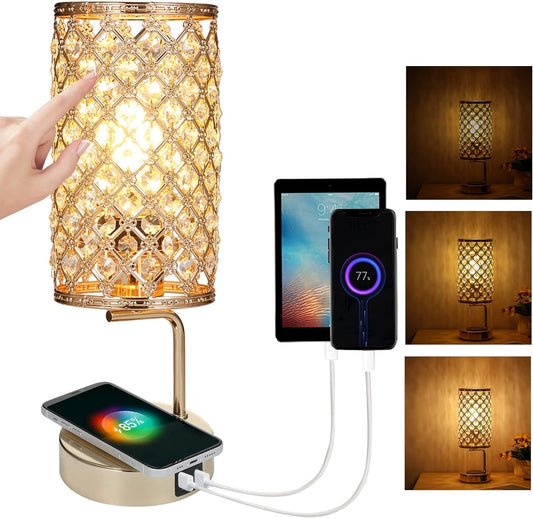 Crystal Bedside Lamp, Touch Table Lamp with Wireless Charger & Dual USB Charging Ports, 3 Way Dimmable USB Bedside Lamp for Living Room Bedroom Dresser Table Decoration Cafe Shop(6W Bulb Include) [Energy Class A]