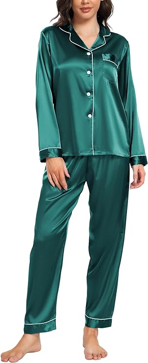 Vlazom Pyjamas for Women, Soft Satin Long Sleeve Pjs Set Two Piece Silk Pyjamas Classic Button Down Sleepwear Loungewear for All Seasons UK 6-26 Size