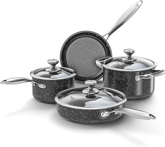 Stainless Steel Pots and Pans Set, 7-Piece Nonstick Granite-Coated Induction Hob Pan Set with Frying Pans & Saucepans, Non-Toxic, Dishwasher & Oven Safe, Suitable for All Stoves, Black