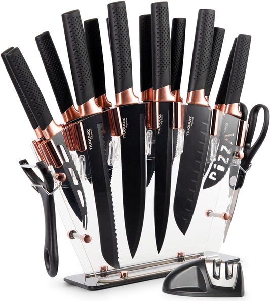 nuovva Professional Kitchen Knife Set with Block - Copper 17 Piece Knives Set with Steak Knives - Clear Acrylic Block High Carbon Stainless Steel Blades -...