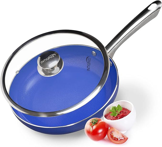 INTIGNIS Frying Pan with Lid Non Stick Deep Sauté Pan, Stainless Steel Induction Base for All Hobs Ceramic Ovenproof Dishwasher Safe (Blue, 24 CM)