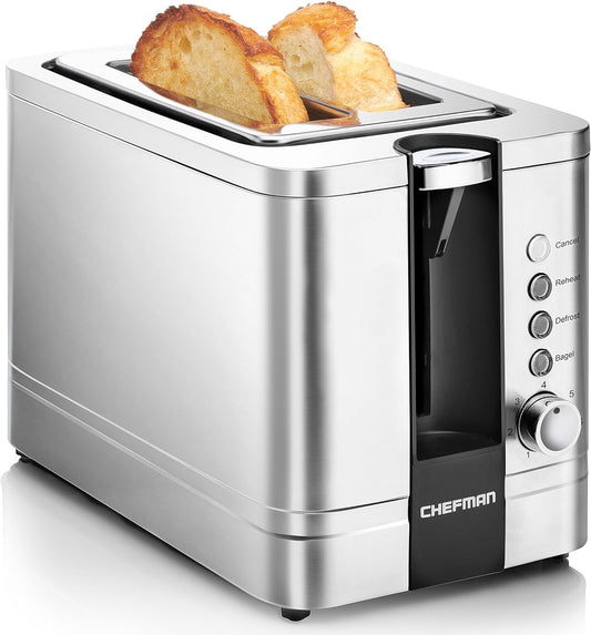 Chefman 2 Slice Toaster, 7 Shade Settings, Stainless Steel, 2 Slice with Extra-Wide Slots, Thick Bread and Bagel Toaster, Reheat, Defrost, Cancel, Lift...